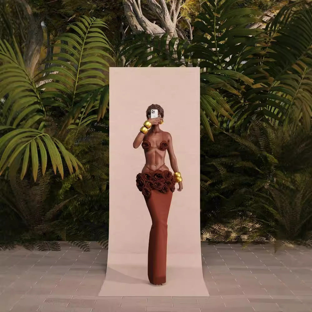 Three-dimensional Flower Sheath Dress Two-piece Set