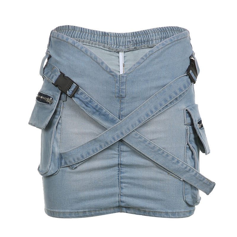 V-shaped Waist Workwear With Pocket Denim Skirt