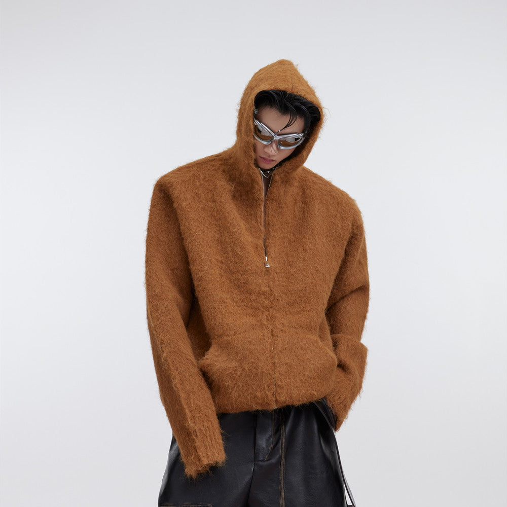 Cardigan tricoté à capuche en mohair épais pour homme