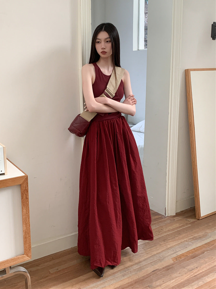 Retro Printed Backless High Waist Large Swing Skirt