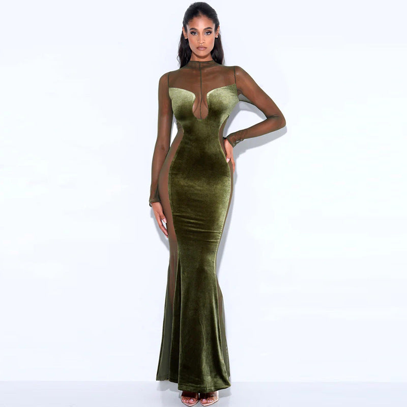 Women's Fashion Velvet Mesh Splicing Long-sleeved Dress