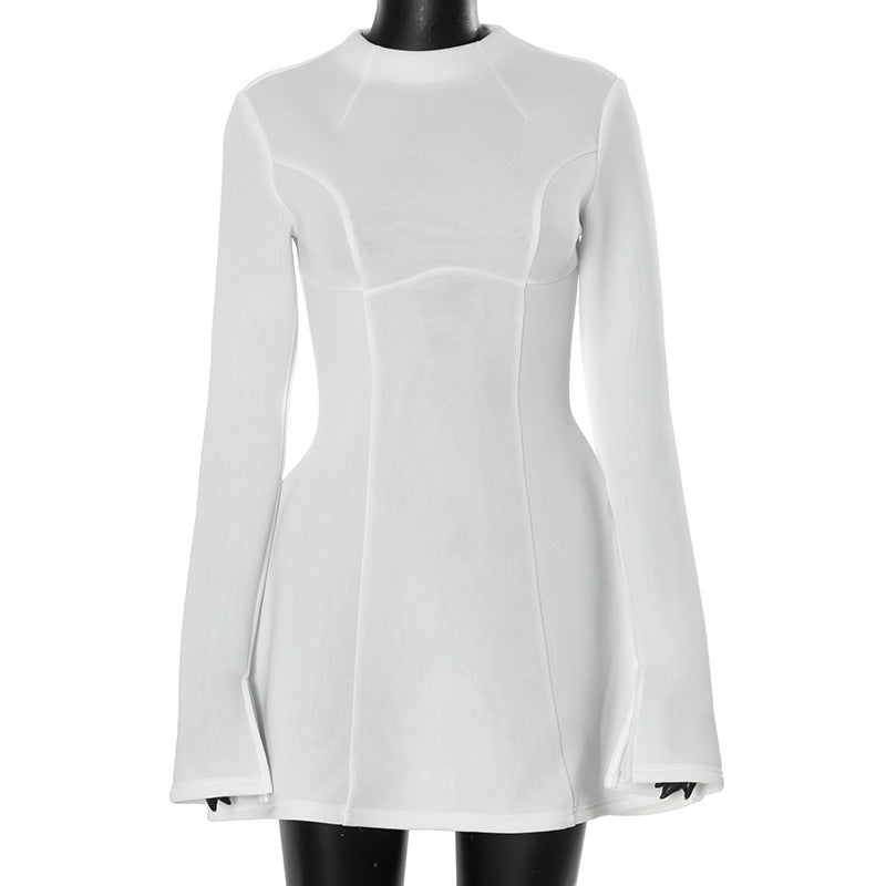 Clothing Solid Color Round Neck Long Sleeve Slim Fit Cinched Short Dress