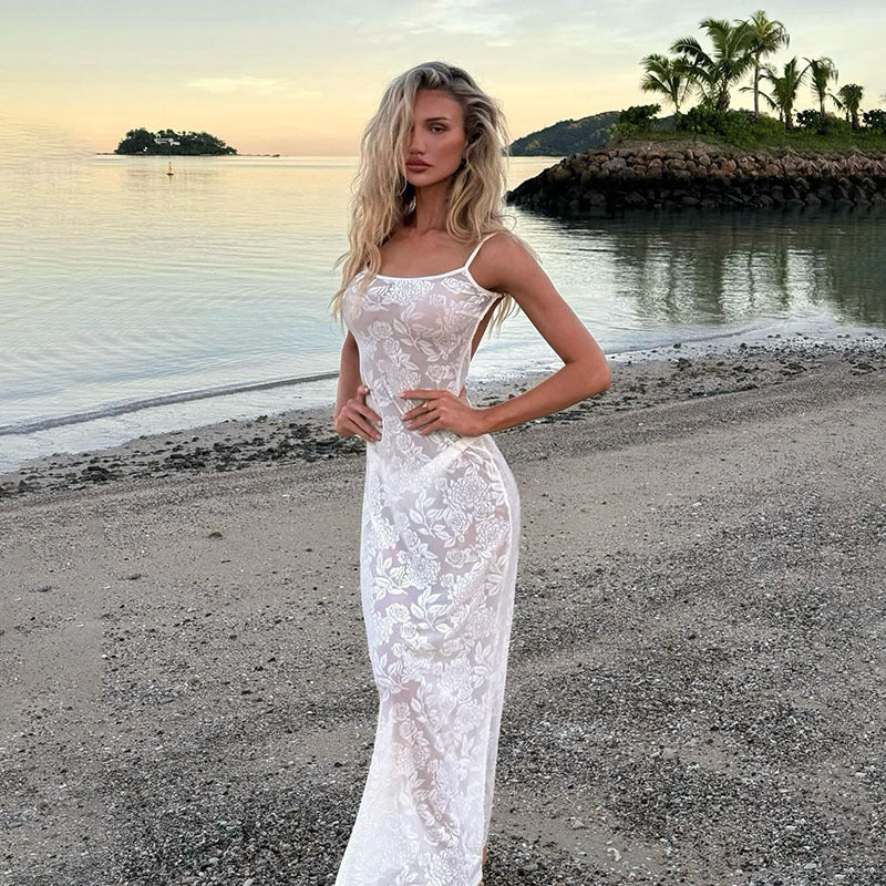 Robe mondaine dos nu à lacets, sans manches, en dentelle micro-transparente