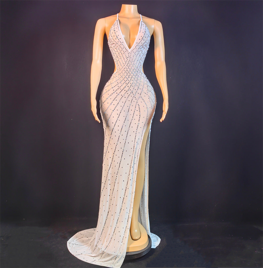 New Elegant Celebrity-Style Party Slip Dress With A Deep V-Neck And Sparkling Rhinestones