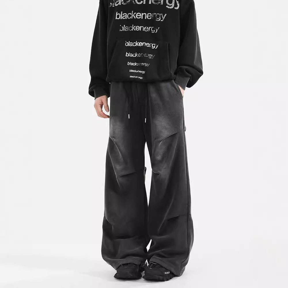 Pantalon de survêtement délavé américain pour hommes, design plissé, pantalon droit ample