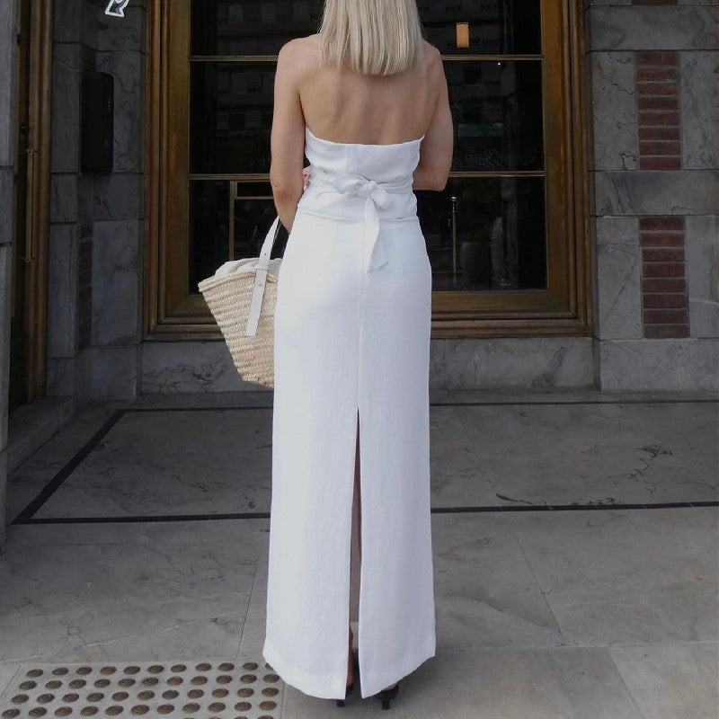Fashion Two-piece Suit V-neck Halter Strap Top Low Waist Slit Skirt
