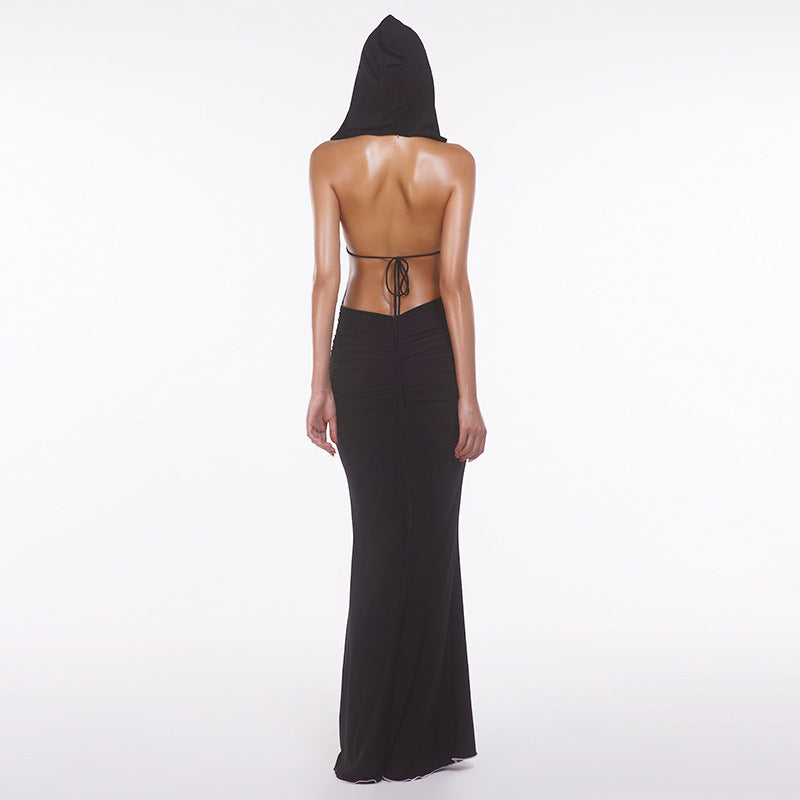 Lace-up Backless Long Hooded Dress