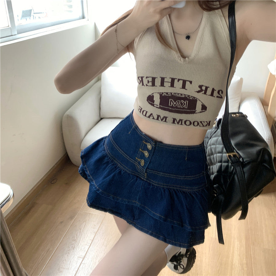 Jupe en jean rétro à volants pour femme