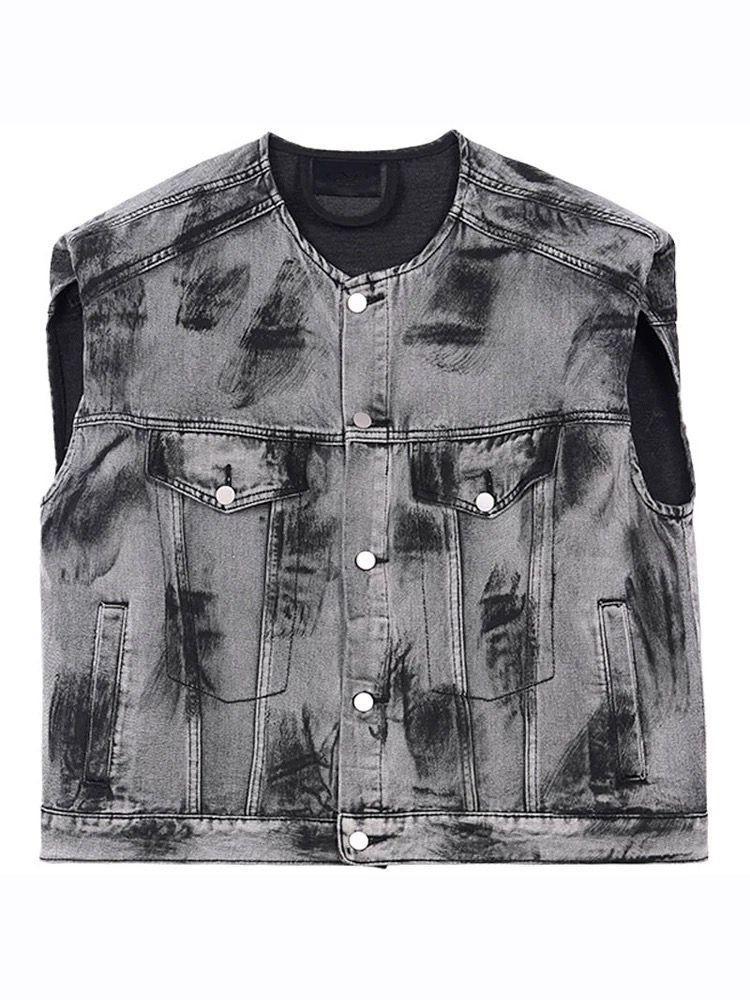 Manteau en jean sans manches à épaules rembourrées et motif graffiti de rue américain