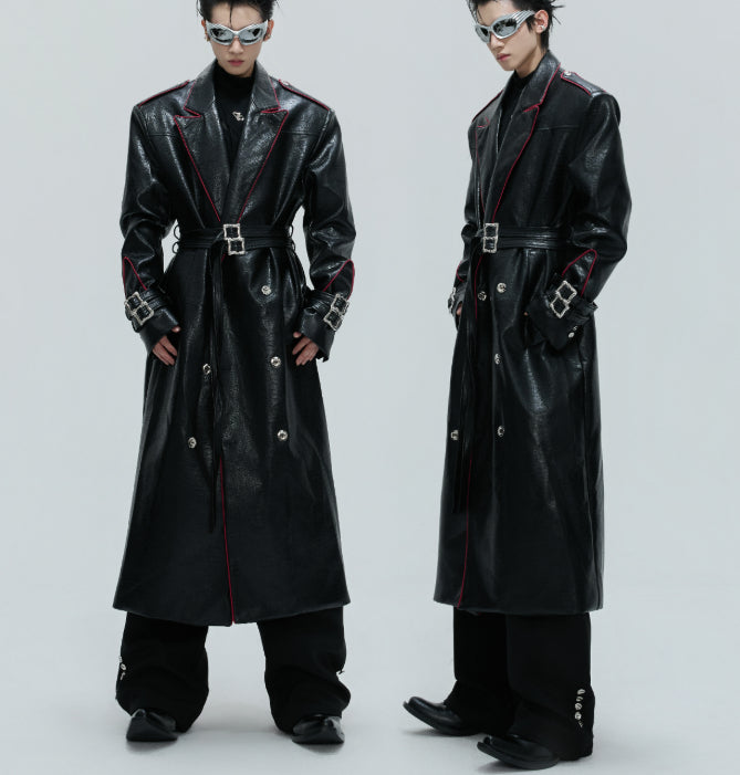 Wide Shoulder Fur Metal Belt Waist Long-cut Coat