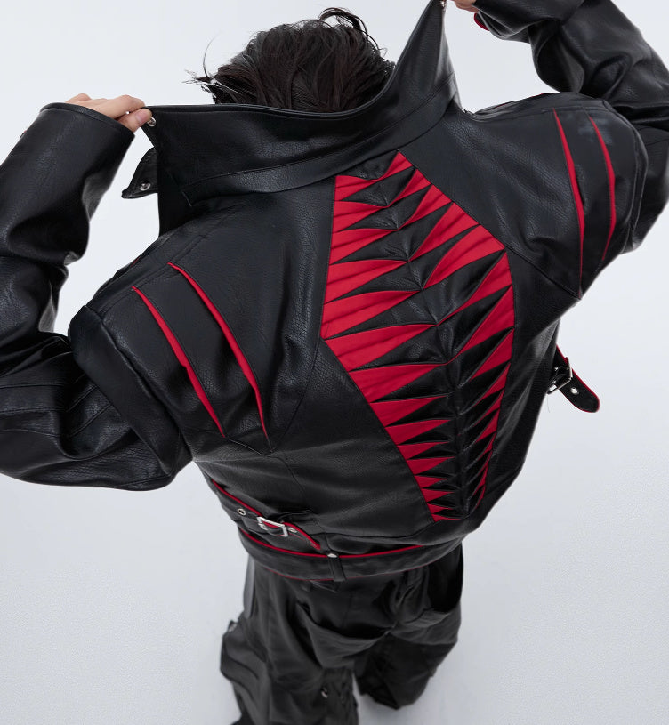 Niche Deconstruction Backbone Pleated Design Sense Short Leather Jacket
