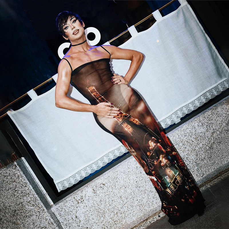 Robe fendue sans manches transparente imprimée