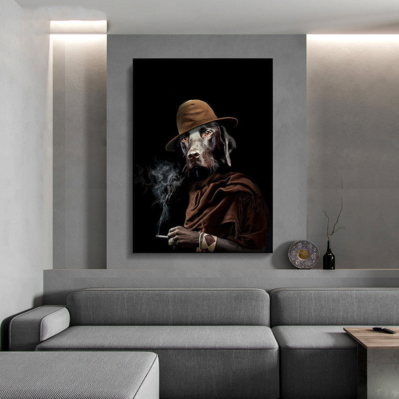 Poster con cappello da cane fumatore, dipinto su tela astratto vintage con animali neri