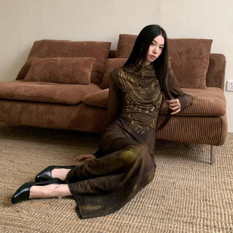 Retro Fitted Waist Slimming Long-Sleeve Dress For Women