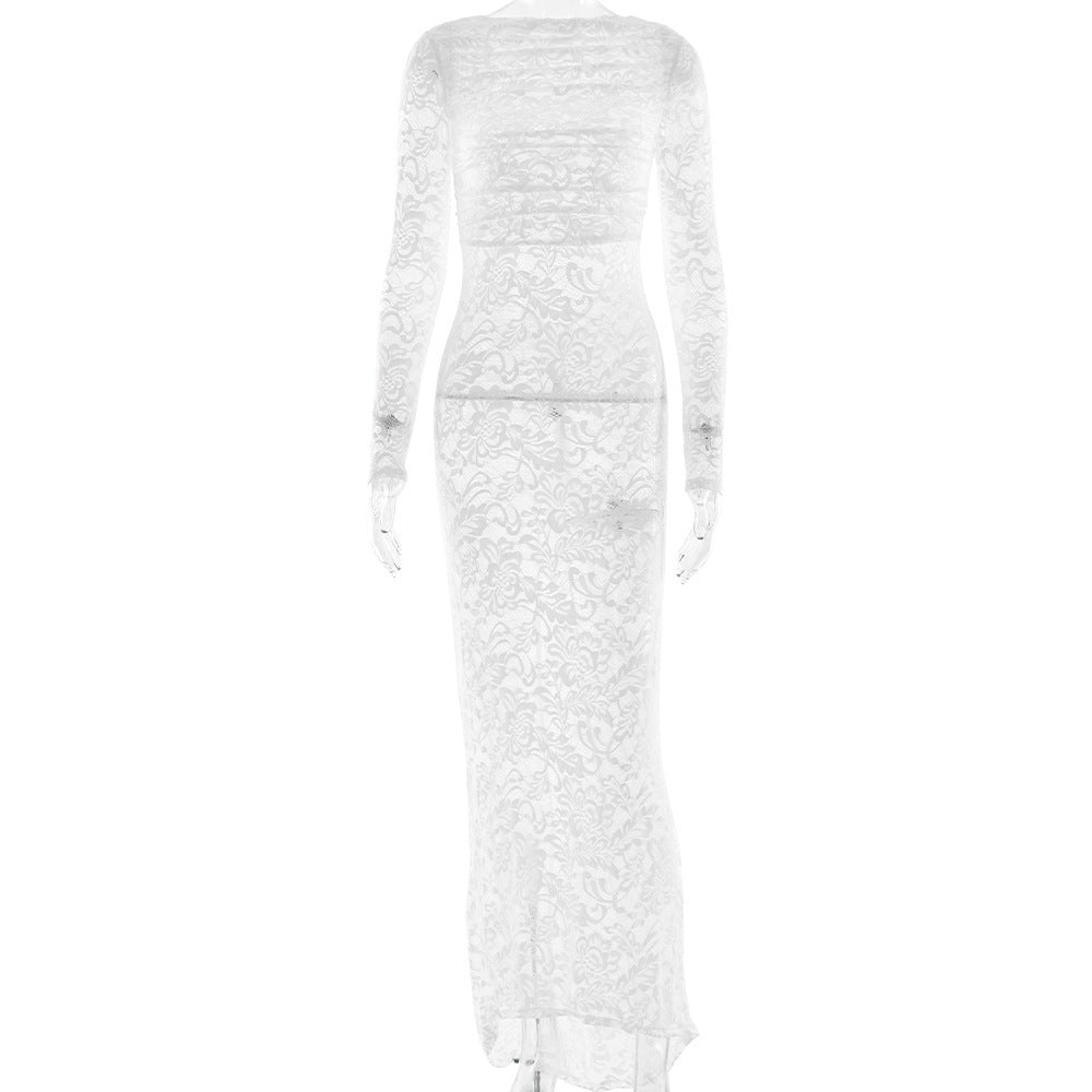 Abito aderente trasparente in pizzo senza schienale a maniche lunghe