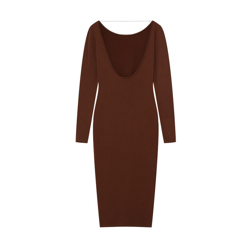Backless Round Neck Long Sleeve Pure Color Tight Sheath Dress