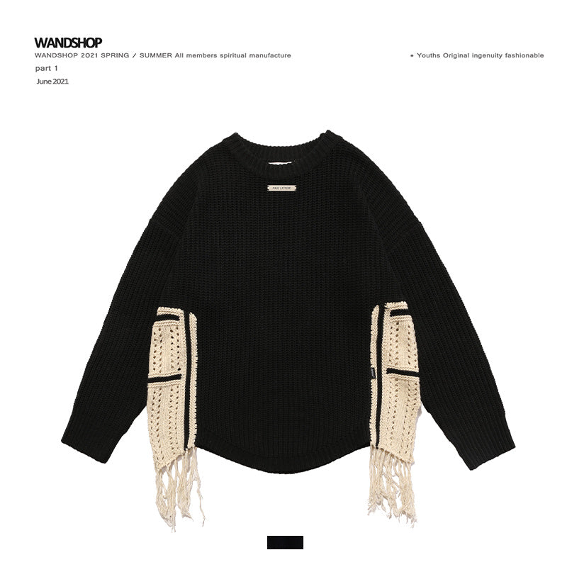 Ins Trend Stitching Tassel Loose Sweater Men