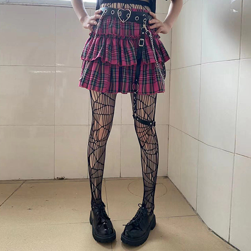 High Waist Fungus Plaid A- Line Half-length Slim-fit Pleated Miniskirt