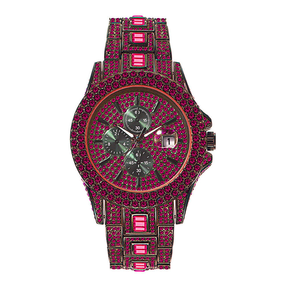 Hip Hop Full Diamond Colorful Crystals Men's Luminous Quartz Watch