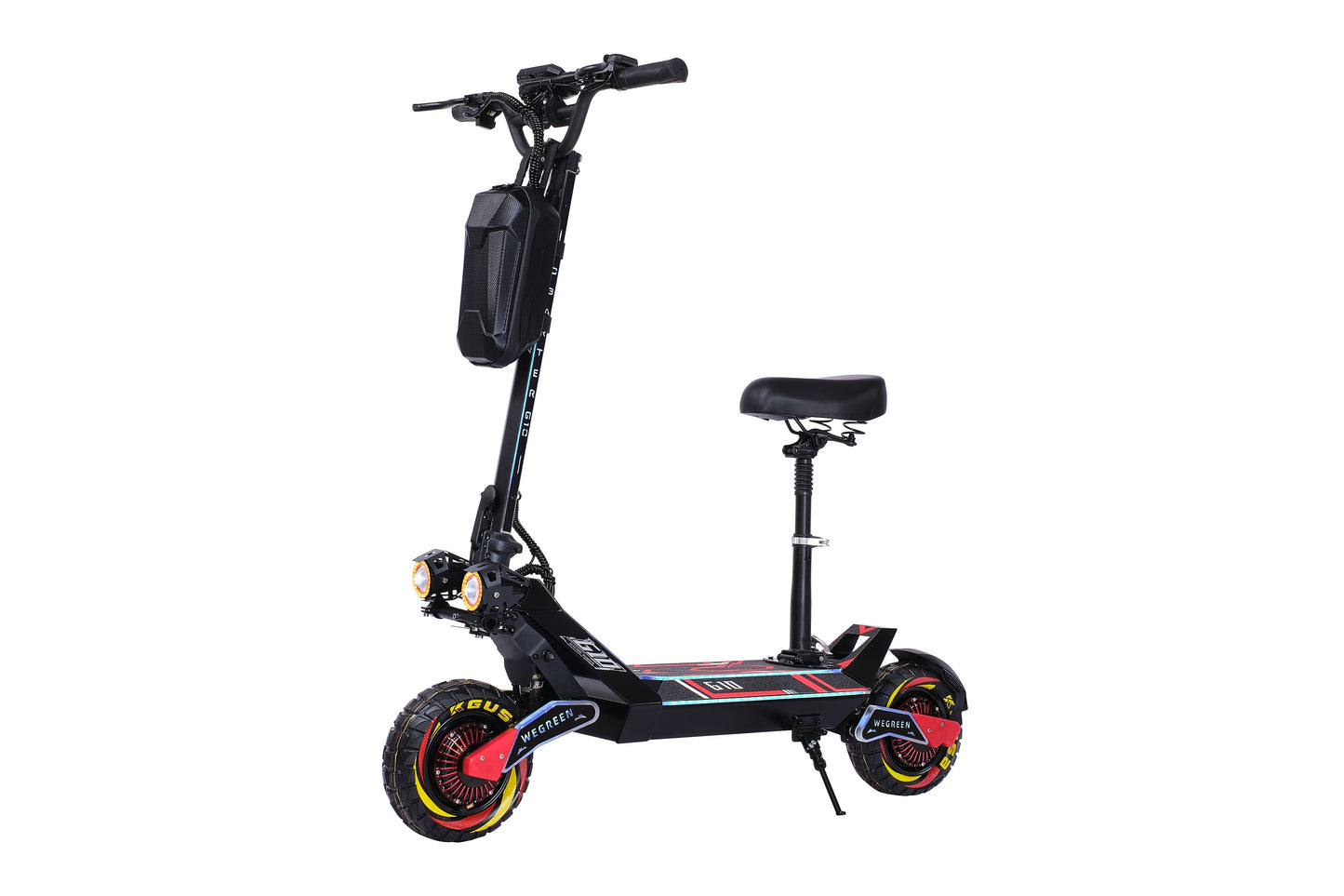 Monopattino elettrico, potenza motore 2400 W, capacità batteria 48 V 20 Ah, dimensioni pneumatici 10 pollici, velocità massima 55-65 km.