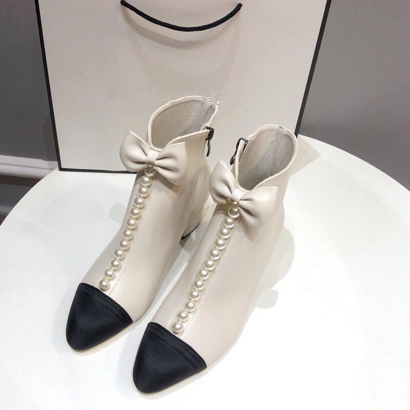 Thick Heel Pearl Bow Boots