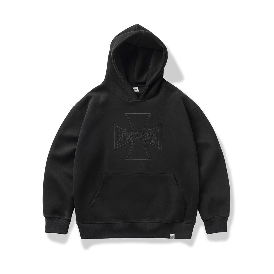 Pull ample à capuche avec broderie croisée