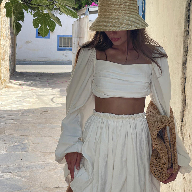 Fashion Lace-up Tube Top Backless Top Pleated High Waist Skirt Two-piece Set