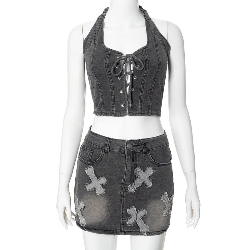 Ensemble jupe décontractée sans manches en jean délavé croisé