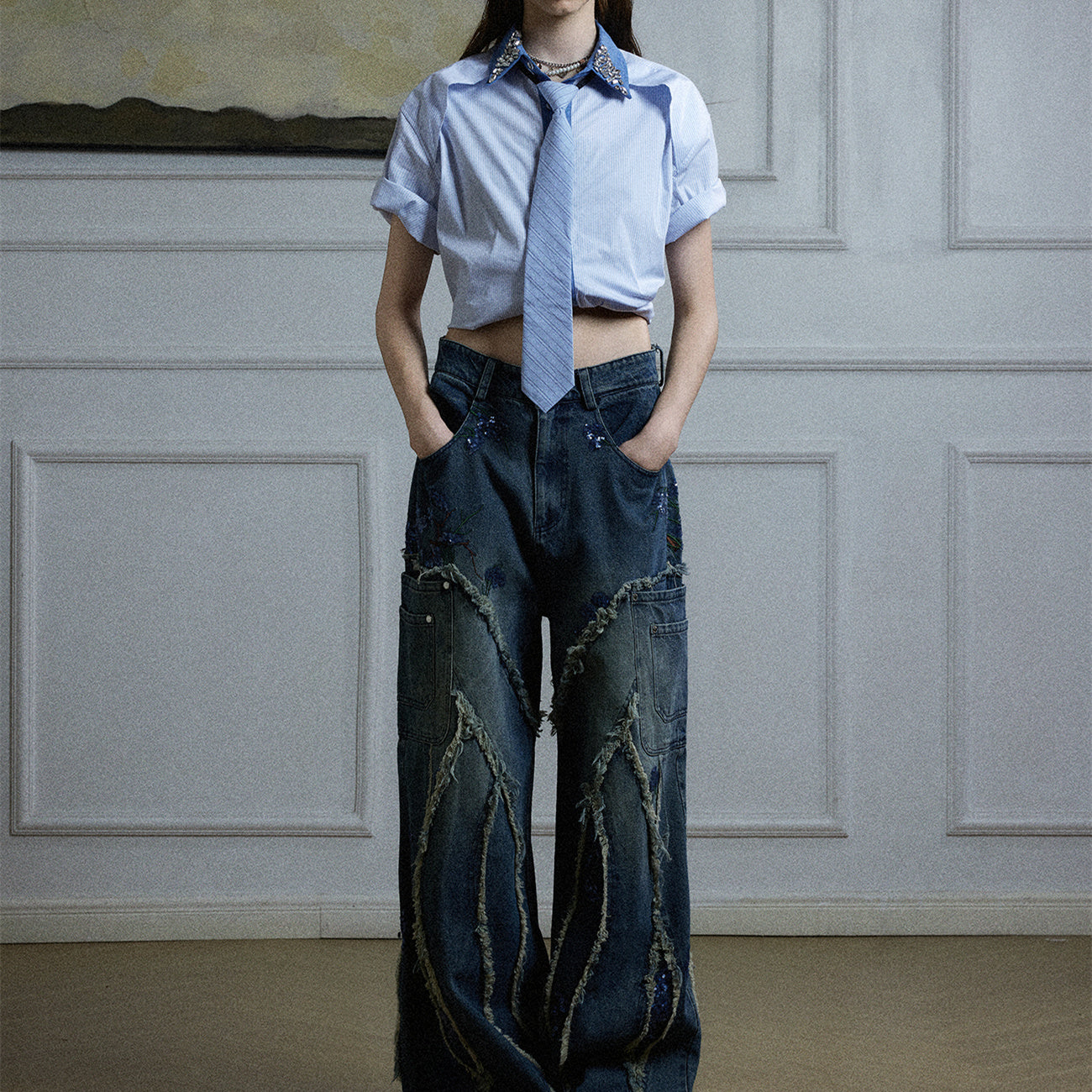 Chemise à rayures patchwork bicolores à motif diamant pour homme