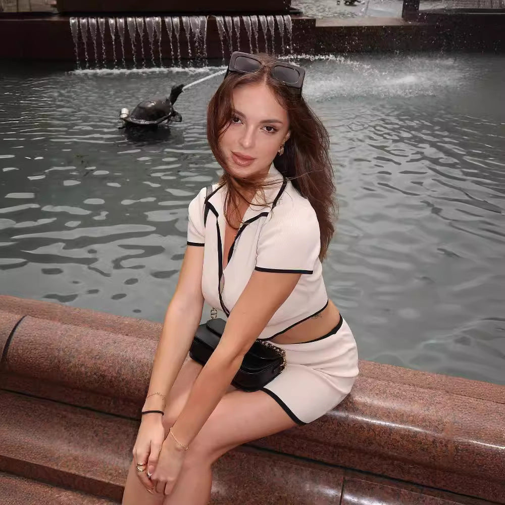 Clothing Short Sleeve Black Contrast Color Trim Knitted Cardigan Sheath Skirt Outfit