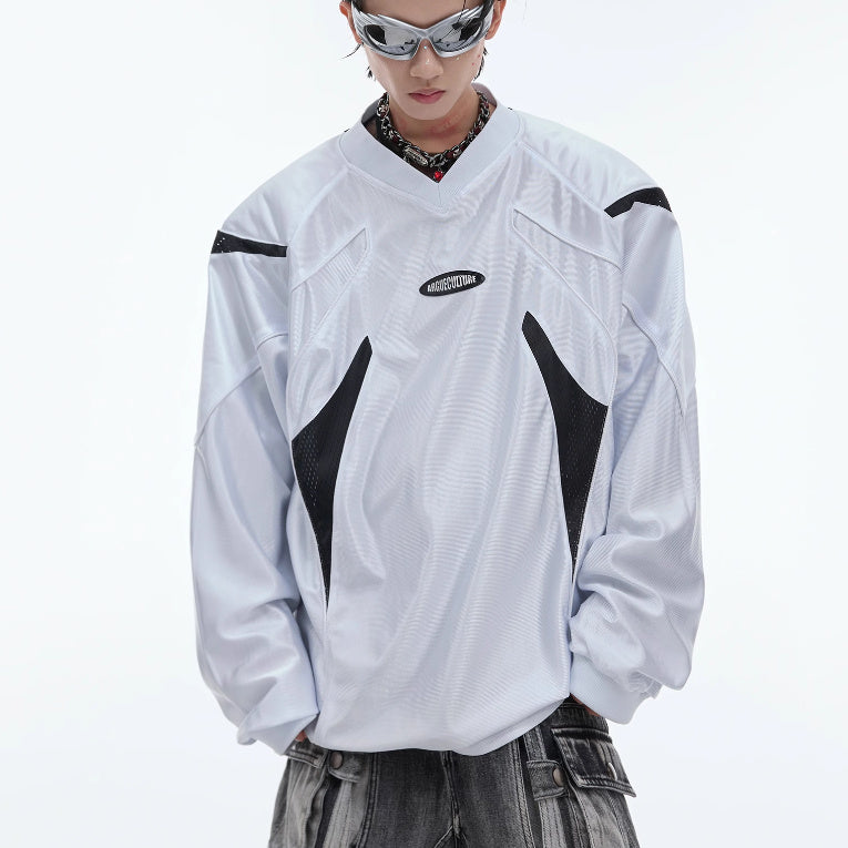 V-collar Contrast Color Padded Shoulder Long Sleeve American Retro Outdoor Sports Top