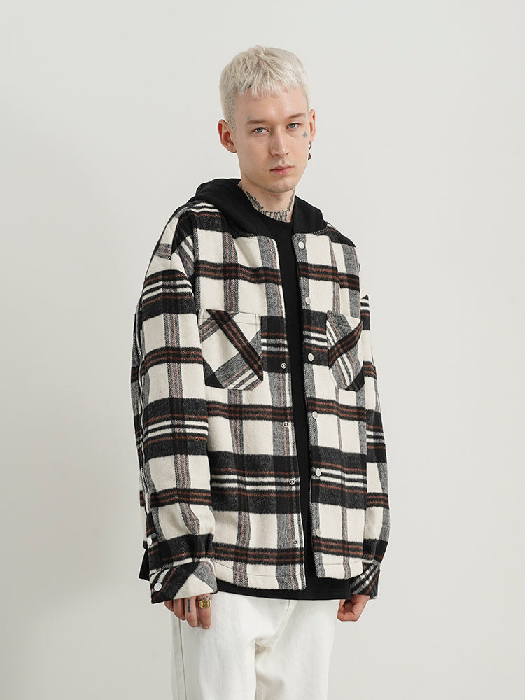 Giacca con cappuccio in peluche a quadri, petto ampio