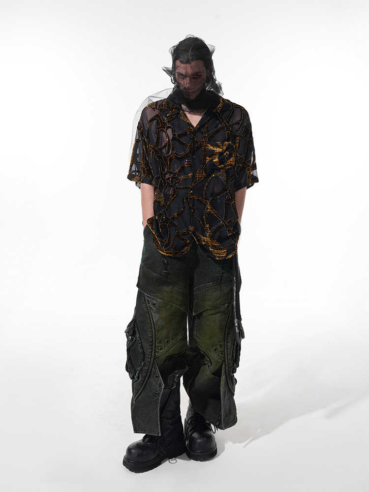 Chemise légère à manches courtes translucide à motif serpent pour hommes