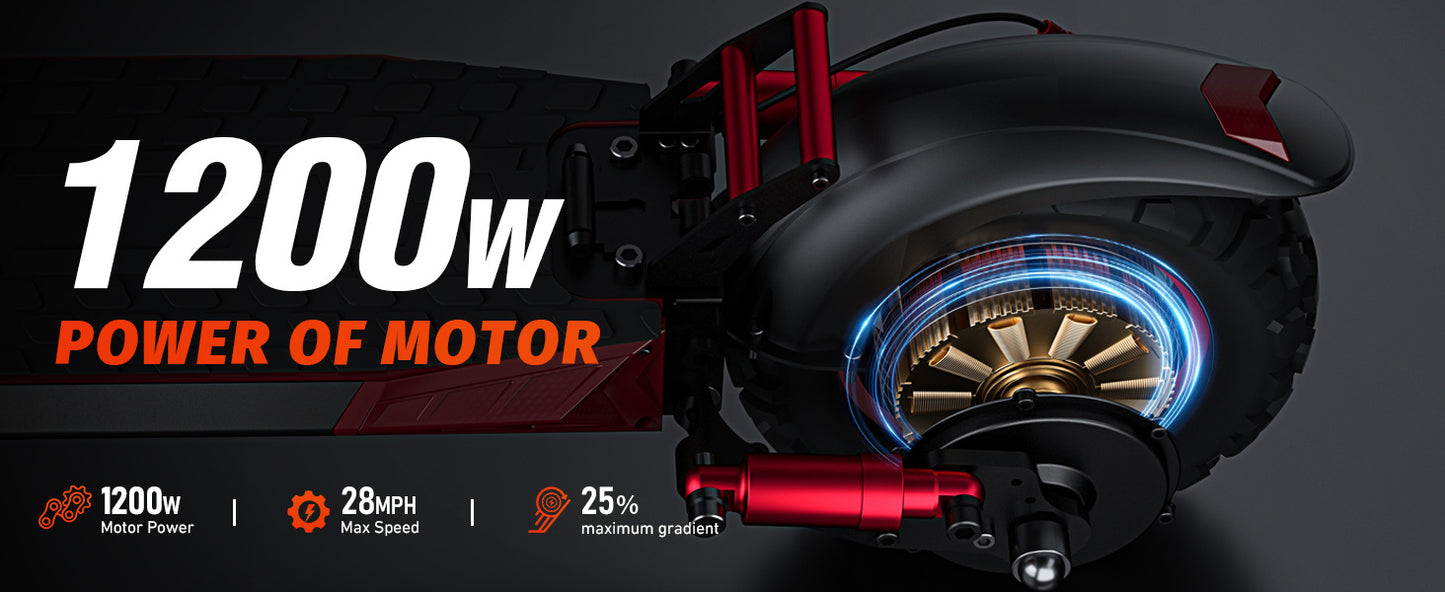 Monopattino elettrico Potenza motore 1200 W Capacità batteria 48 V 18 Ah Dimensioni pneumatici 11 pollici Velocità massima 45 km