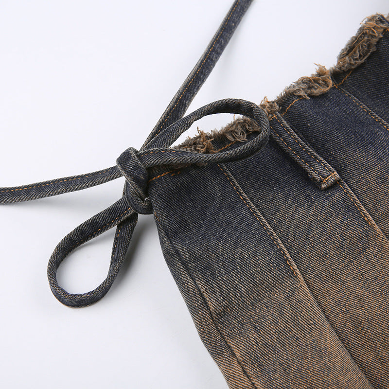 High Waist Lace-up One-piece Washed Denim Skirt