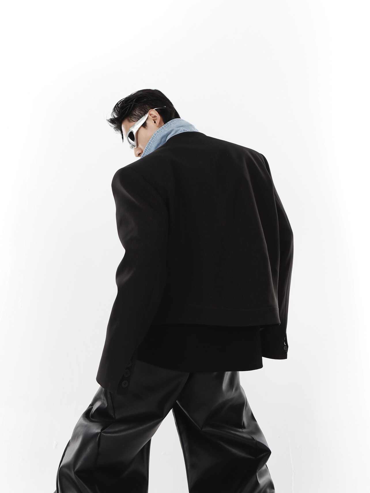 Denim Patchwork Design Sense Padded Shoulder Suit Jacket Top