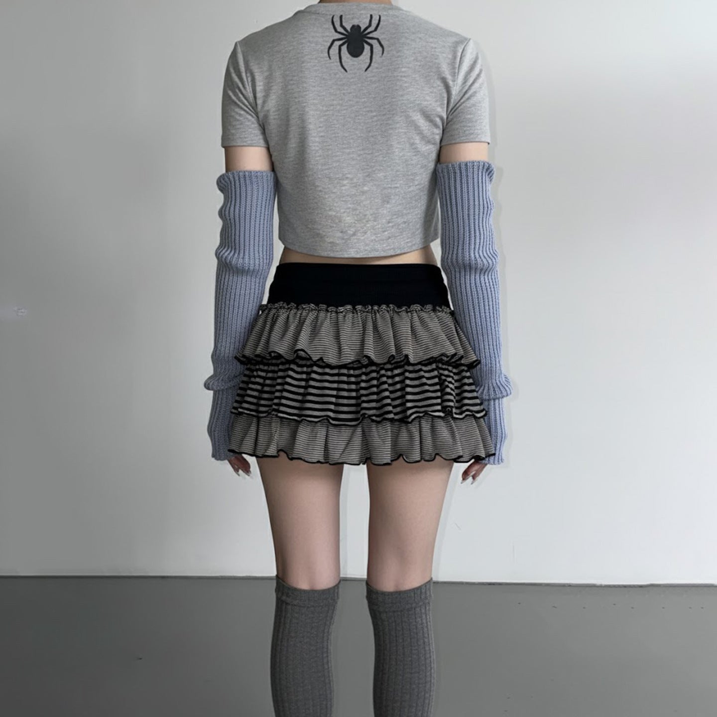 Contrast-color Striped Figure-flattering Layered Ruffle Cake Skirt