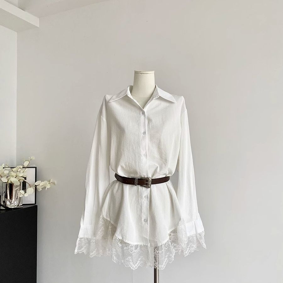 Lace Slimming Patchwork Versatile Shirt Dress With Belt