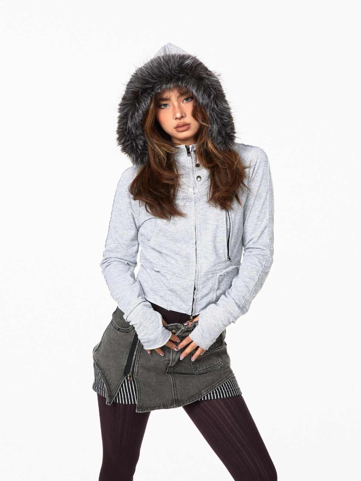Hooded Cardigan Fur Collar Sweater Zipper Pocket Short Coat