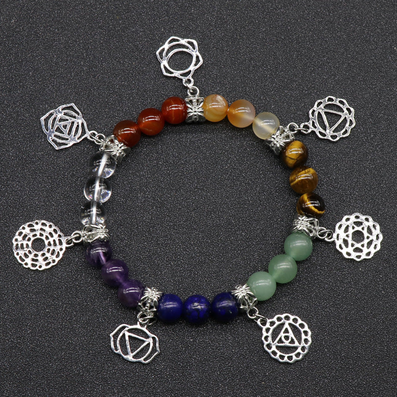 Bracelet en cristal d'agate coloré avec symboles de yoga des sept chakras