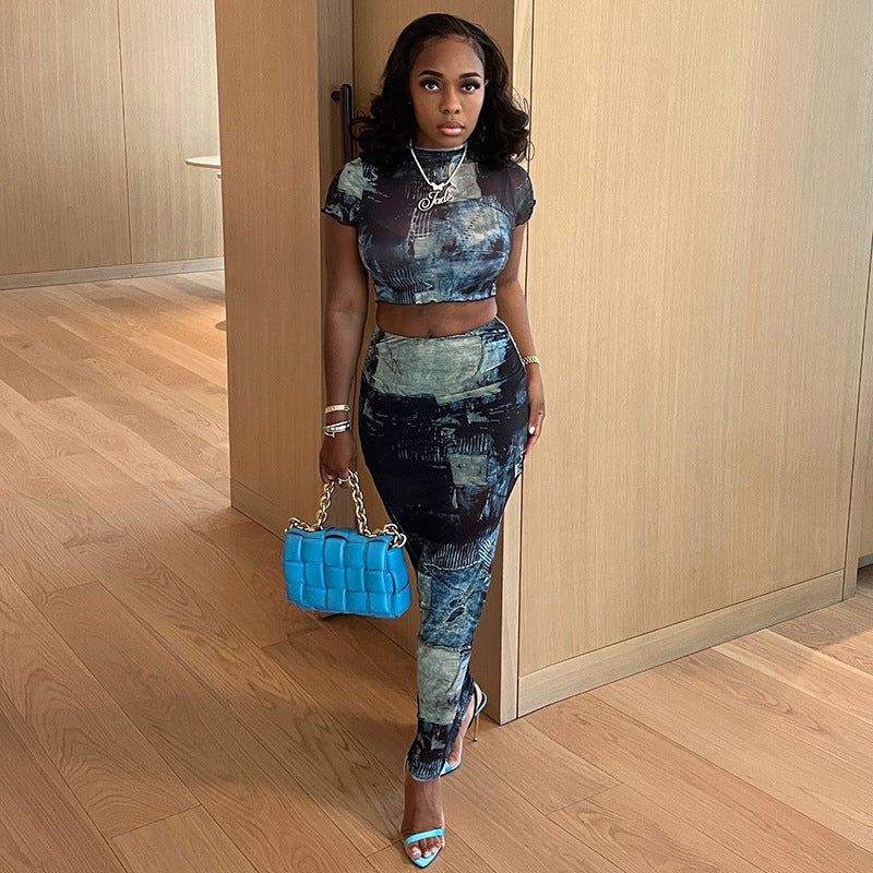 T-shirt tendance à col rond et taille haute, jupe à taille haute, ensemble décontracté