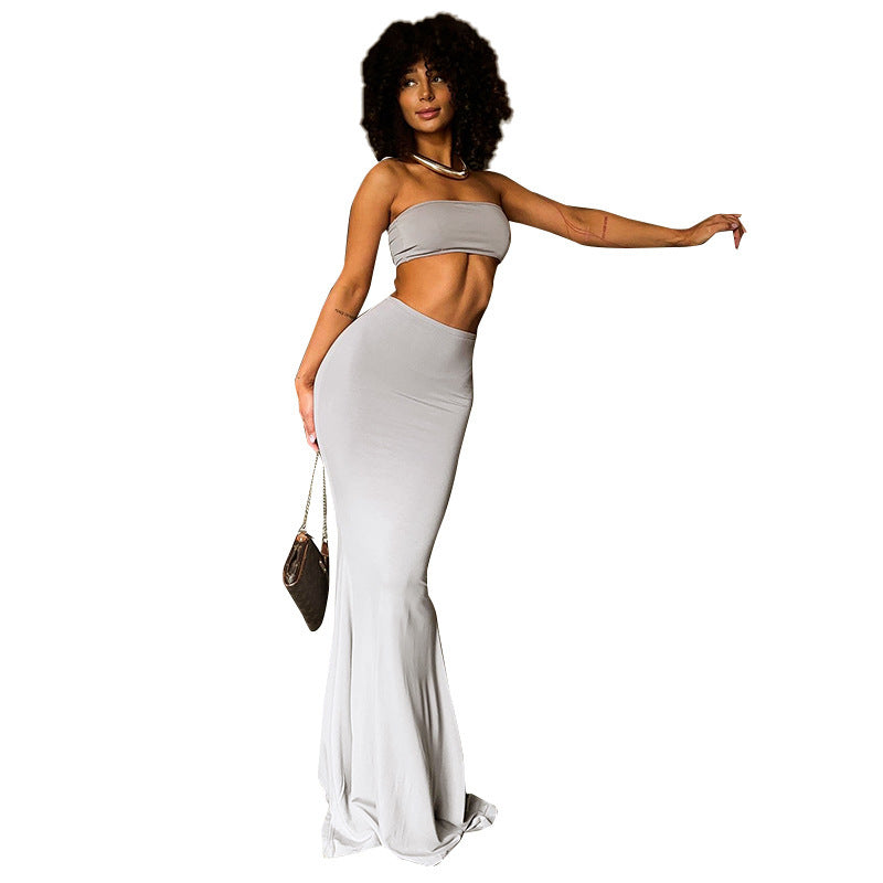 Robe mi-longue moulante taille haute à col tube de couleur pure pour loisirs, costume deux pièces