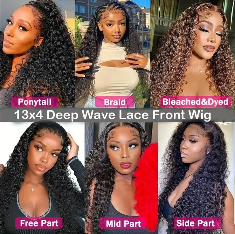 Perruque Lace Front Wig Deep Wave HD, cheveux humains, densité 180°, 13x4