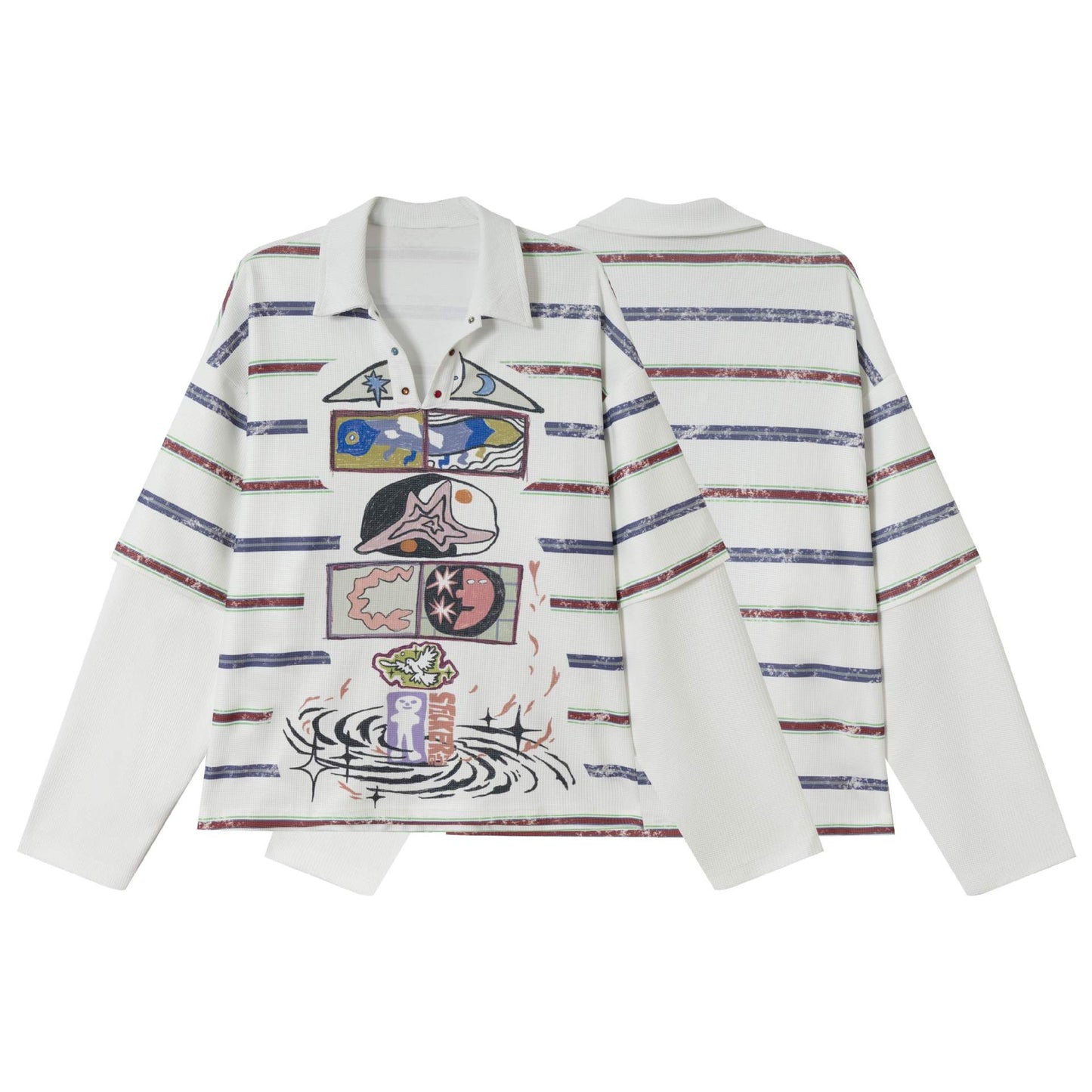 Fake Two-Piece Printed Striped Shirt Hoodie Trendy Versatile Top For Couples Men And Women