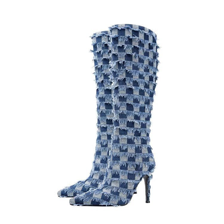 Bottes pour femme en tissu denim bleu à carreaux et motif damier