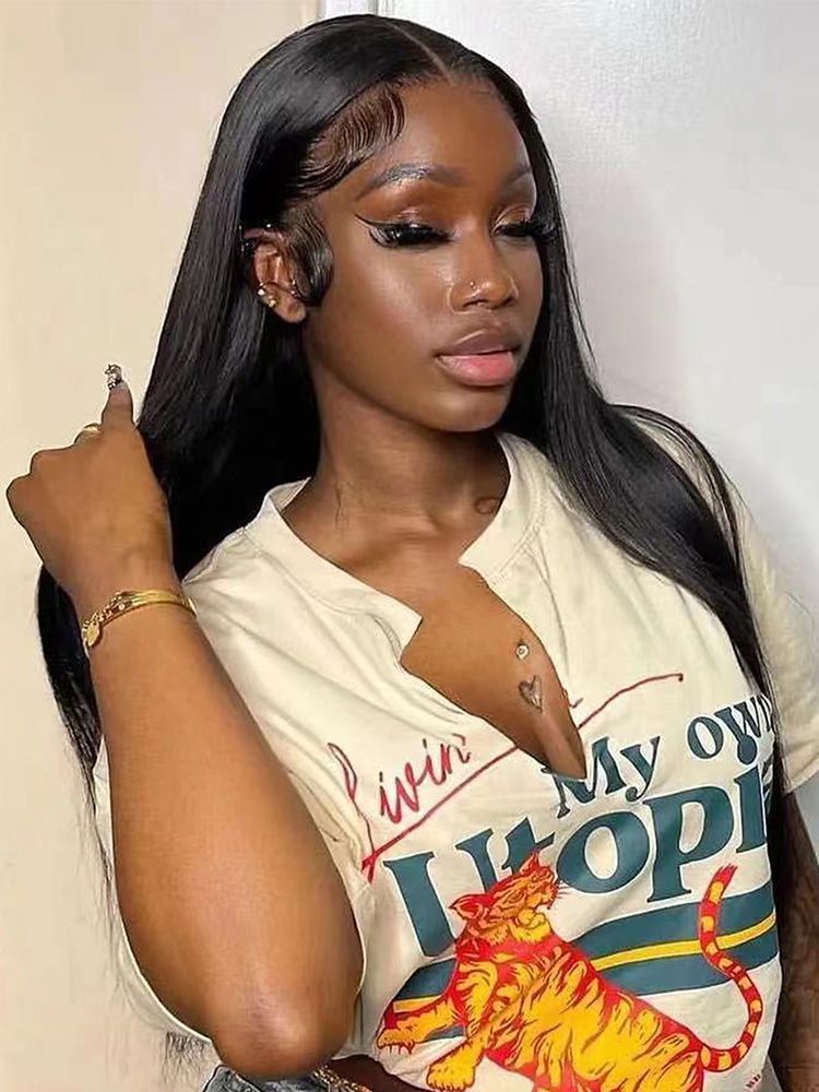 Perruque noire mi-longue et lisse en fibre chimique en forme de T