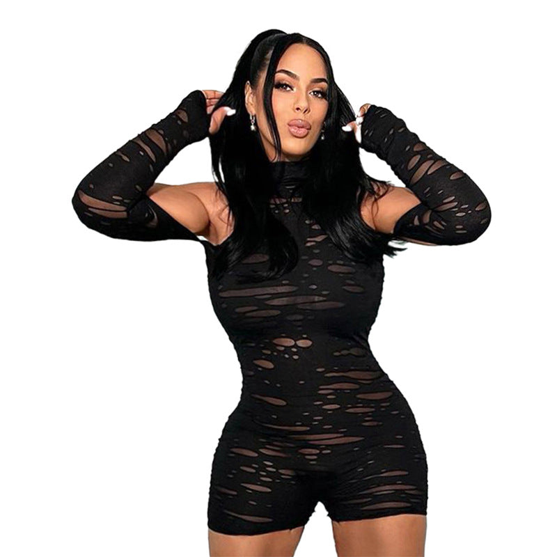 Combinaison courte coupe slim en maille à manches longues et épaules dénudées