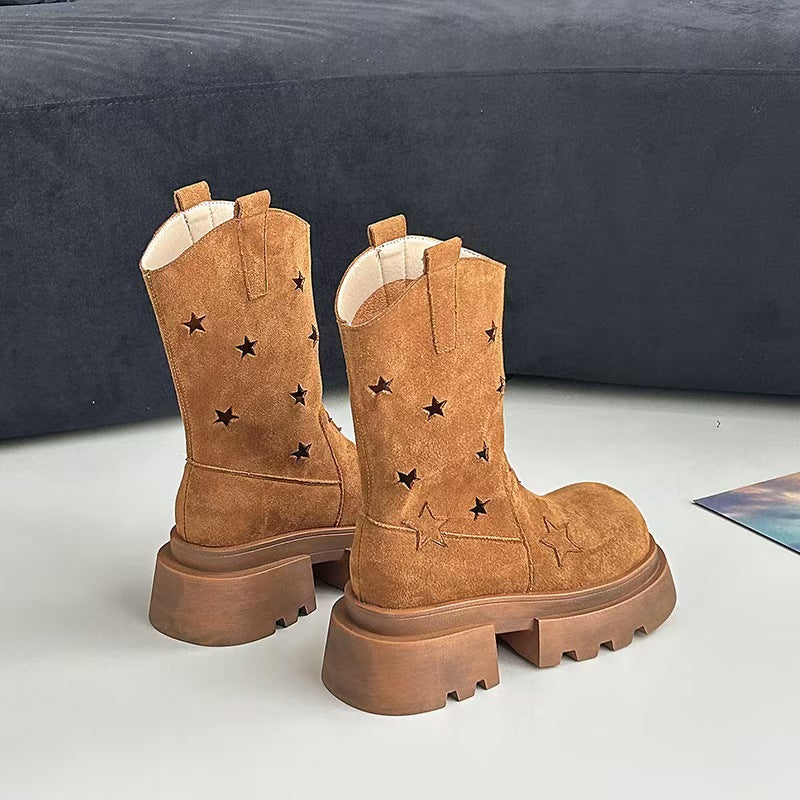 Five-star Hollow-out Platform Western Denim Ankle Boots