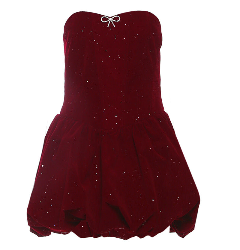 Abito francese sexy senza spalline con scollo a V, elegante abito aderente con schiena scoperta