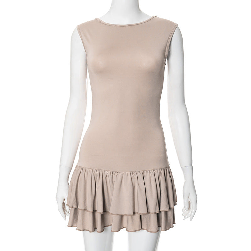 Contrast Color Round Neck Sleeveless Lace Fashion Sexy Short Dress Women